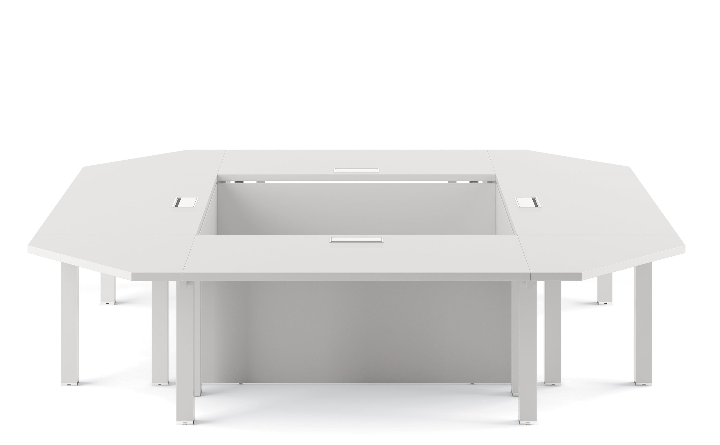 Les tables de réunion Asset d'Attitudes Bureaux sont modernes, blanches, en forme de U, avec une gestion des câbles, un centre ouvert et plusieurs pieds pour le support - offrant modularité et configurations sur mesure - le tout sur un fond blanc uni.