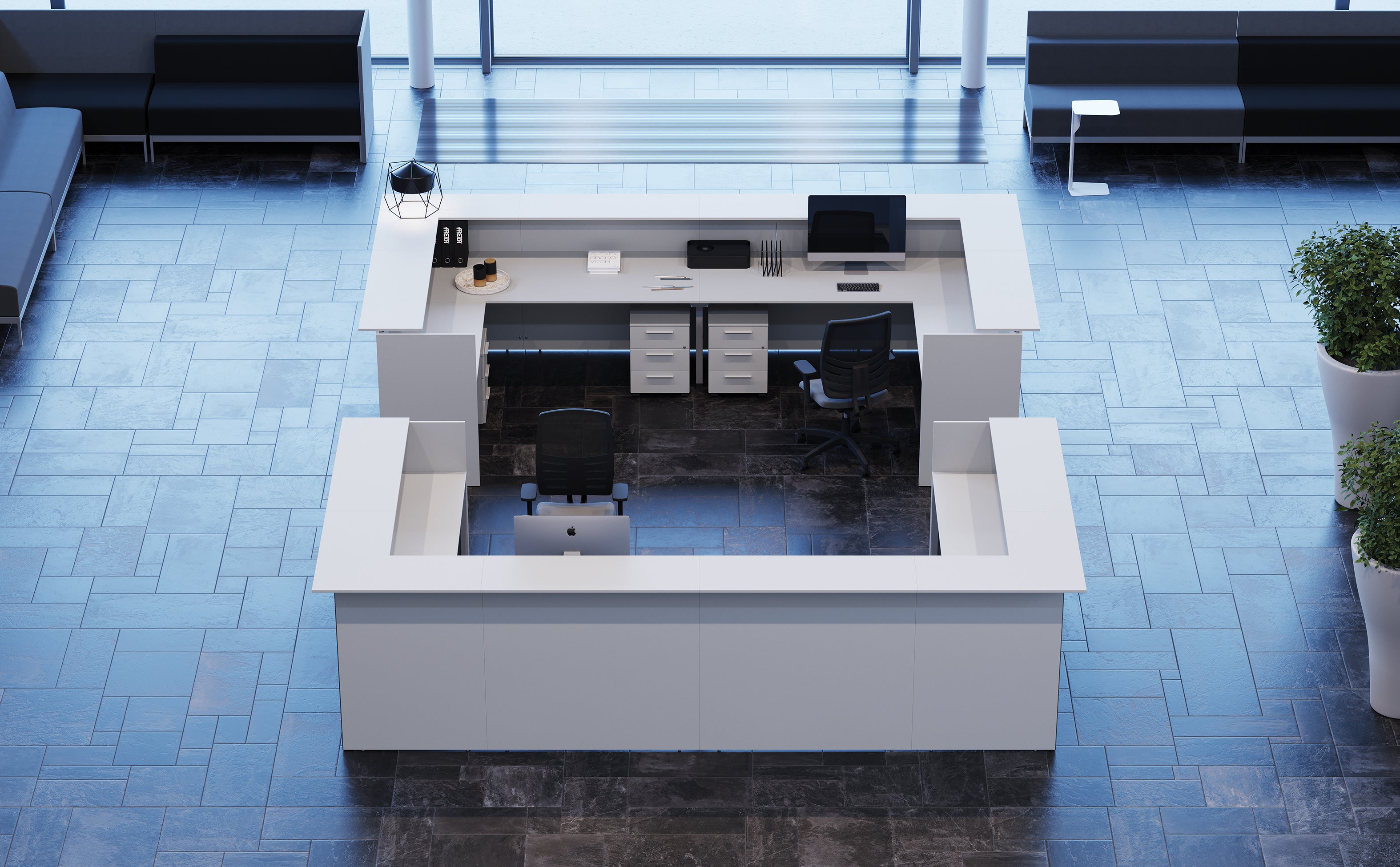 La Banque d'accueil moderne et modulable - Baguette d'Attitudes Bureaux est un bureau d'accueil moderne en forme de U blanc avec deux chaises de bureau, des ordinateurs, des fournitures et des plantes sur un sol carrelé foncé - parfait pour les halls d'entrée de bureaux contemporains.