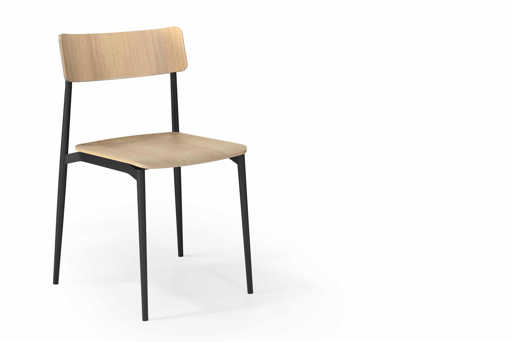 La Chaise empilable Bois Cult d'Attitudes Bureaux présente une assise et un dossier minimalistes en chêne courbé avec de fins pieds en métal noir, présentés sur un fond blanc. Idéale pour un usage professionnel dans des intérieurs modernes.