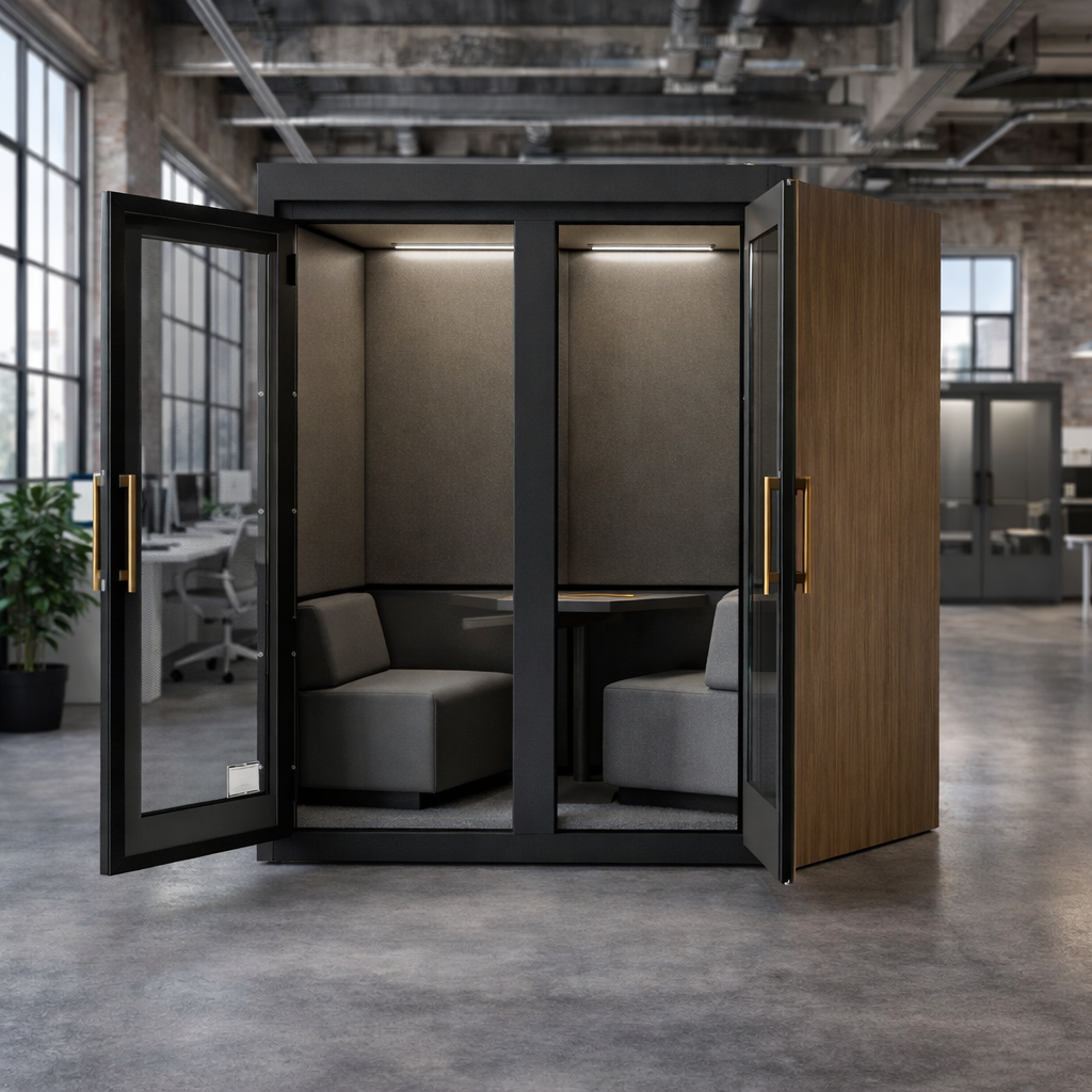 La Cabine acoustique double NO SOUND d'Attitudes Bureaux est composée de portes en verre, de panneaux en bois, de deux sièges rembourrés et d'une table, créant ainsi un espace privé confidentiel dans n'importe quel espace de travail ouvert de style industriel.
