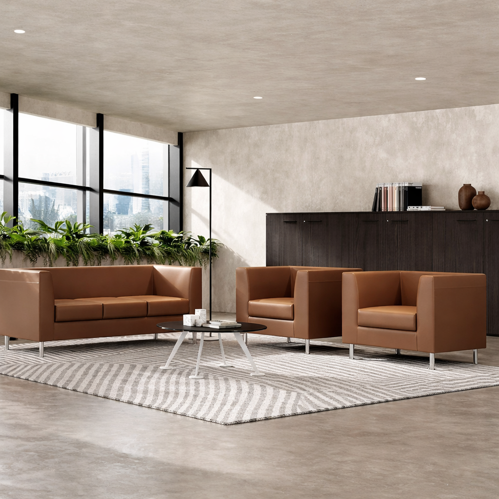 Salon de bureau moderne composé de canapés en cuir brun, d'un tapis rayé et de la Table basse Spike de Giorgio Topan en guise de pièce maîtresse. Un lampadaire, une armoire en bois foncé et de grandes fenêtres avec des plantes en pot complètent cet espace accueillant.