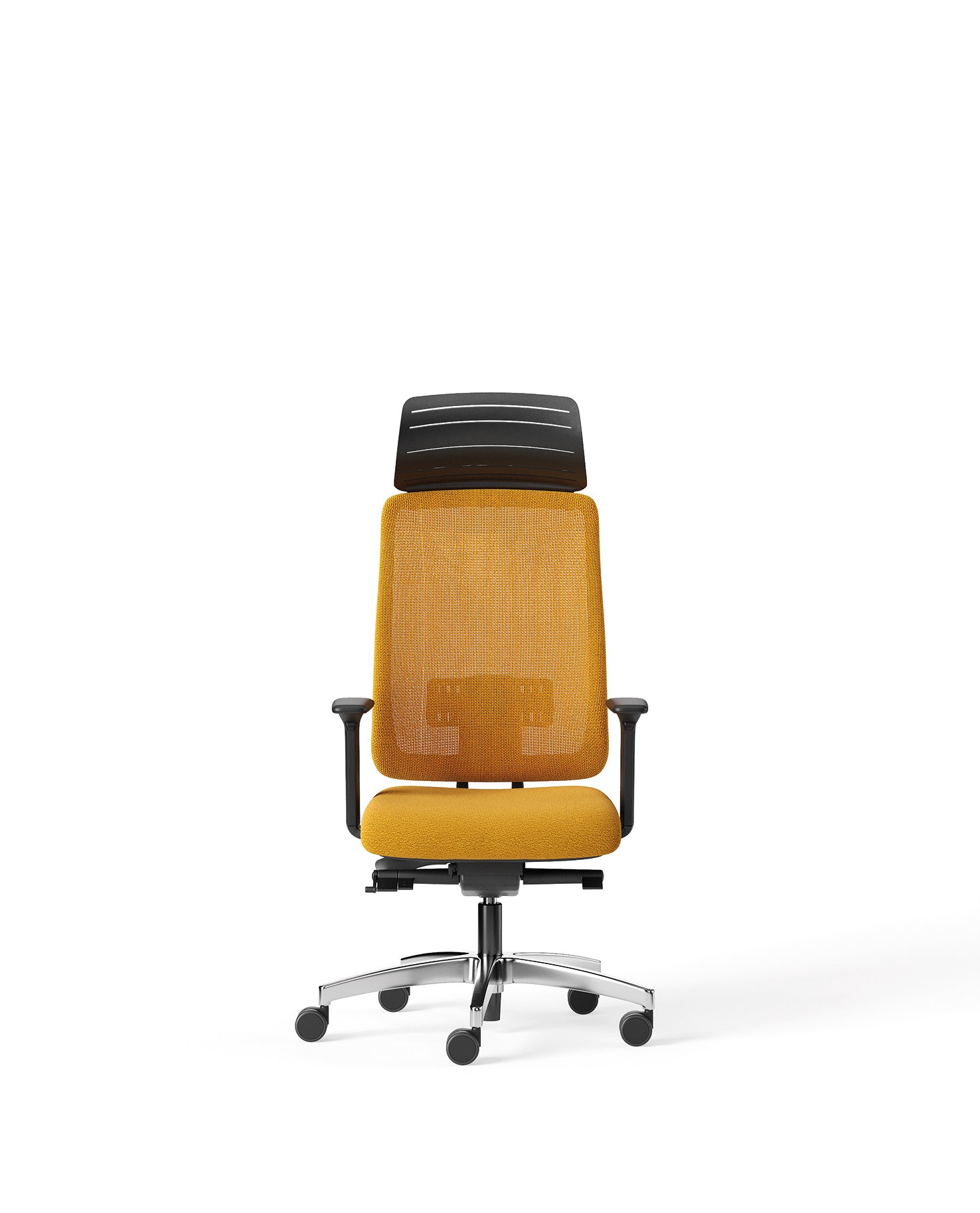 La chaise de bureau Denzel d'Attitudes Bureaux est dotée d'un dossier et d'une assise en maille jaune, d'accoudoirs réglables noirs, d'un appui-tête noir et d'une base argentée à cinq roues, conçue pour le mouvement actif. La chaise est centrée sur un fond blanc.