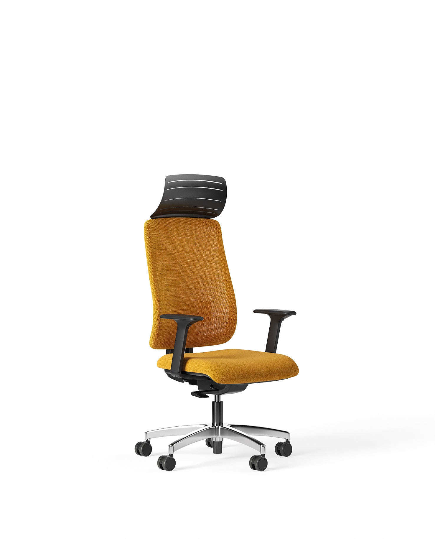 La Chaise de bureau Denzel d'Attitudes Bureaux est une chaise de bureau ergonomique moderne avec une assise et un dossier en maille jaune, des accoudoirs réglables noirs, un appui-tête noir, une base chromée avec cinq roulettes, et le système AMS pour un mouvement actif - présentée sur fond blanc.