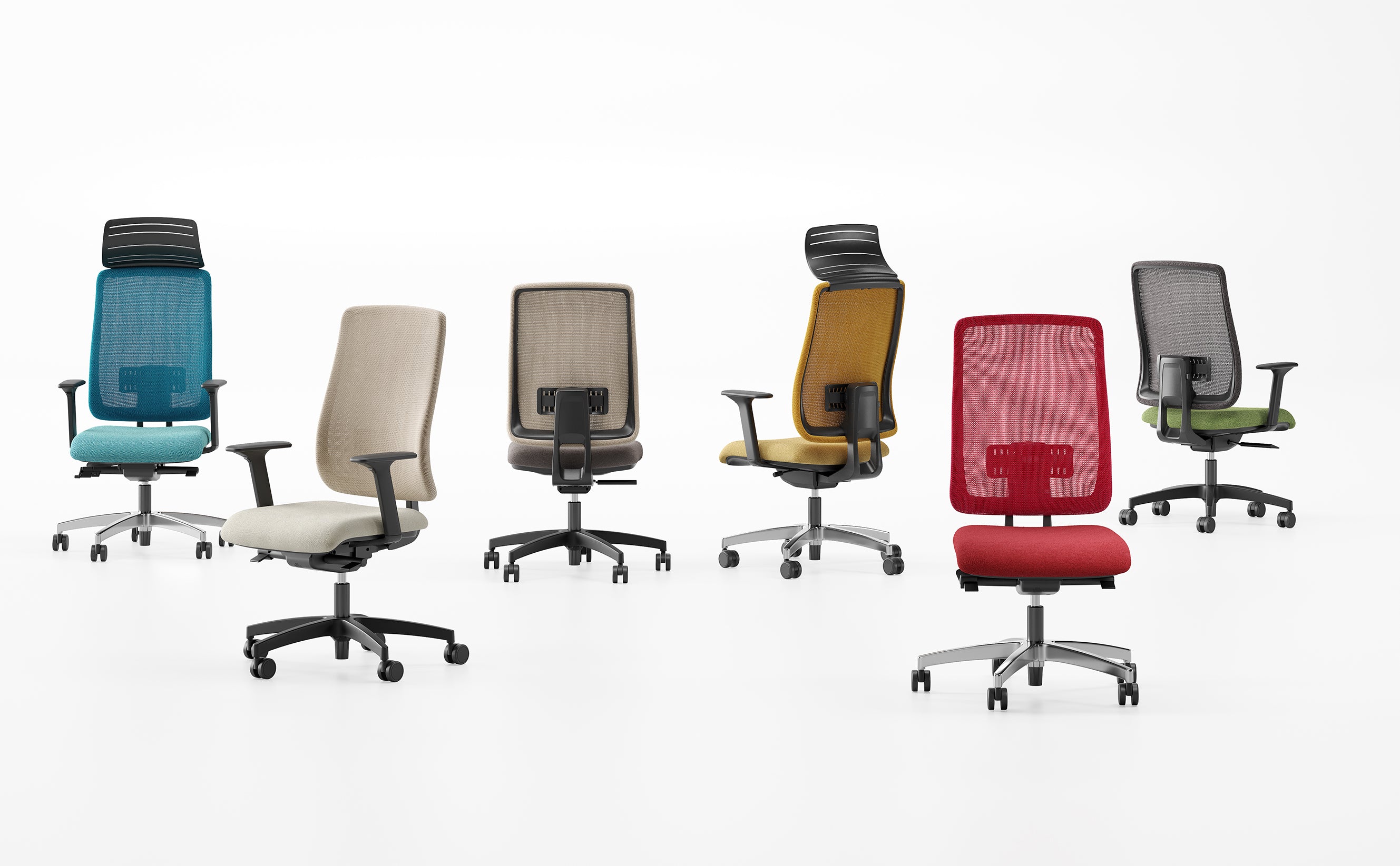 Six chaises de bureau Denzel d'Attitudes Bureaux, avec dossier en mesh, roulettes et système AMS pour le mouvement actif, sont alignées sur fond blanc. Disponibles en bleu, beige, jaune, brun, rouge et gris avec vert.