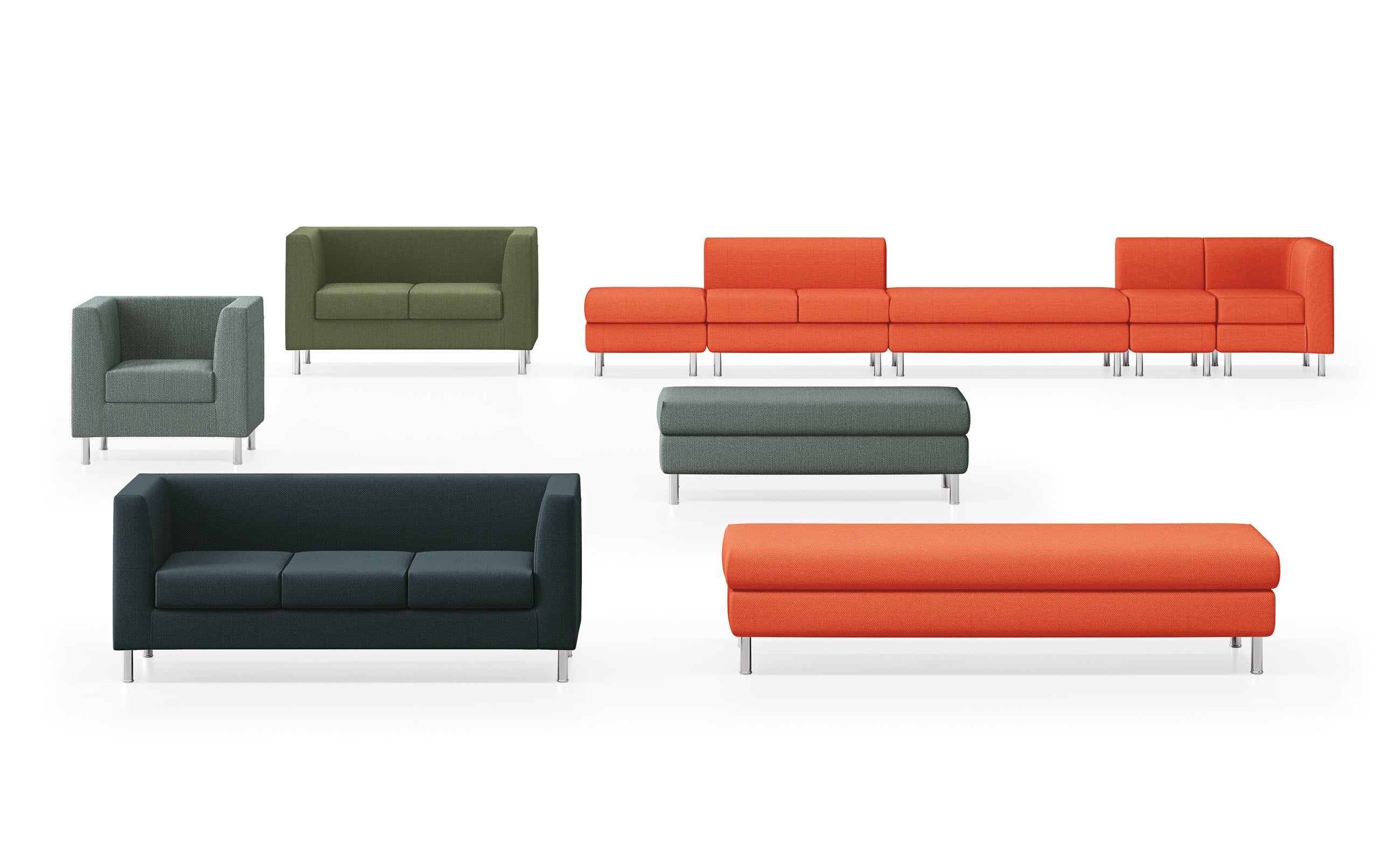 Six canapés Domino de la marque Attitudes Bureaux, verts et orange, au design minimaliste avec lignes épurées et pieds en métal, sont parfaits pour aménager un lounge contemporain.