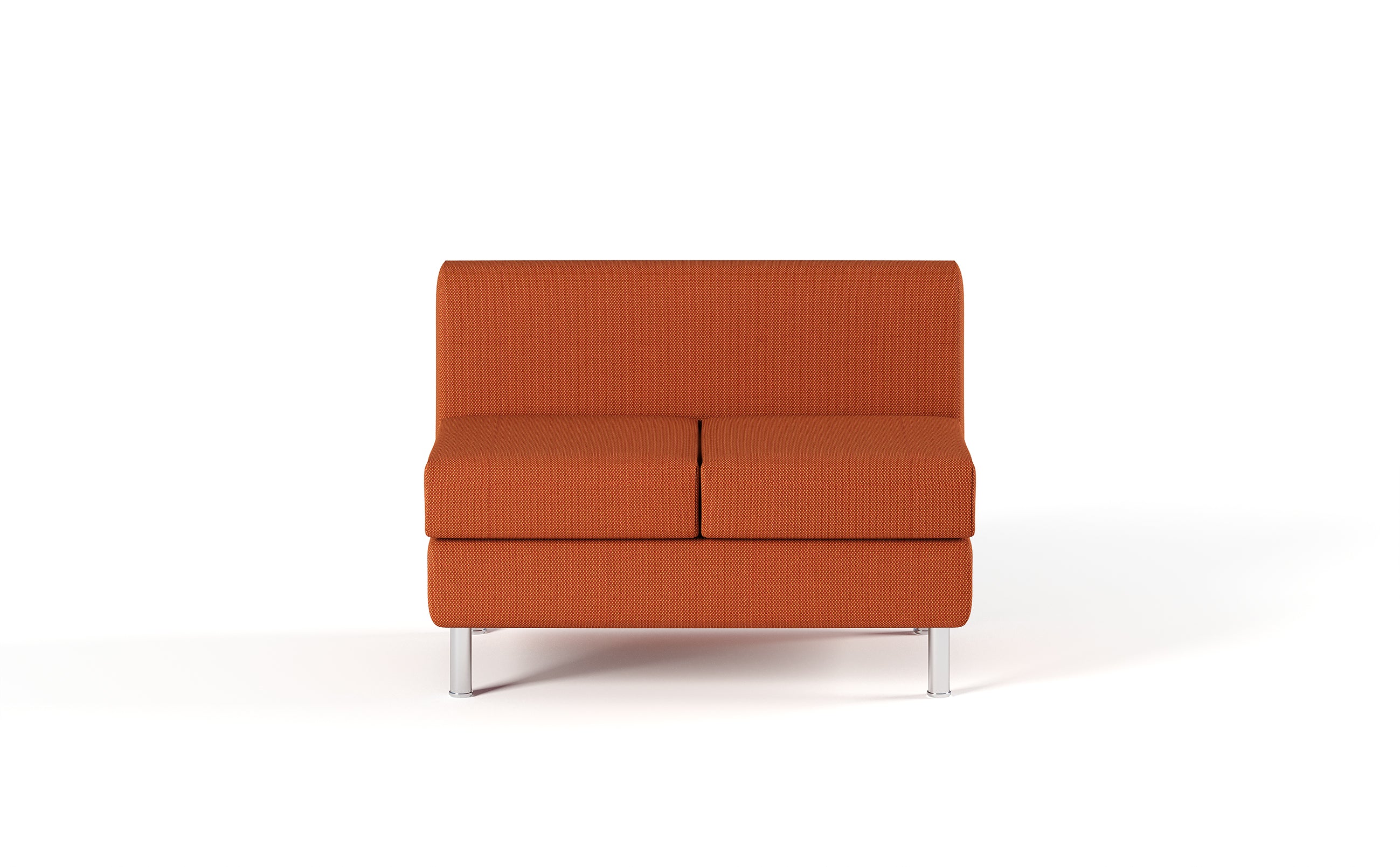 Le Canapés Domino d'Attitudes Bureaux est une causeuse moderne orange sans accoudoir avec deux coussins d'assise et quatre pieds en métal, idéale pour les espaces lounge ou les aménagements modulaires, présentée sur un fond blanc uni.