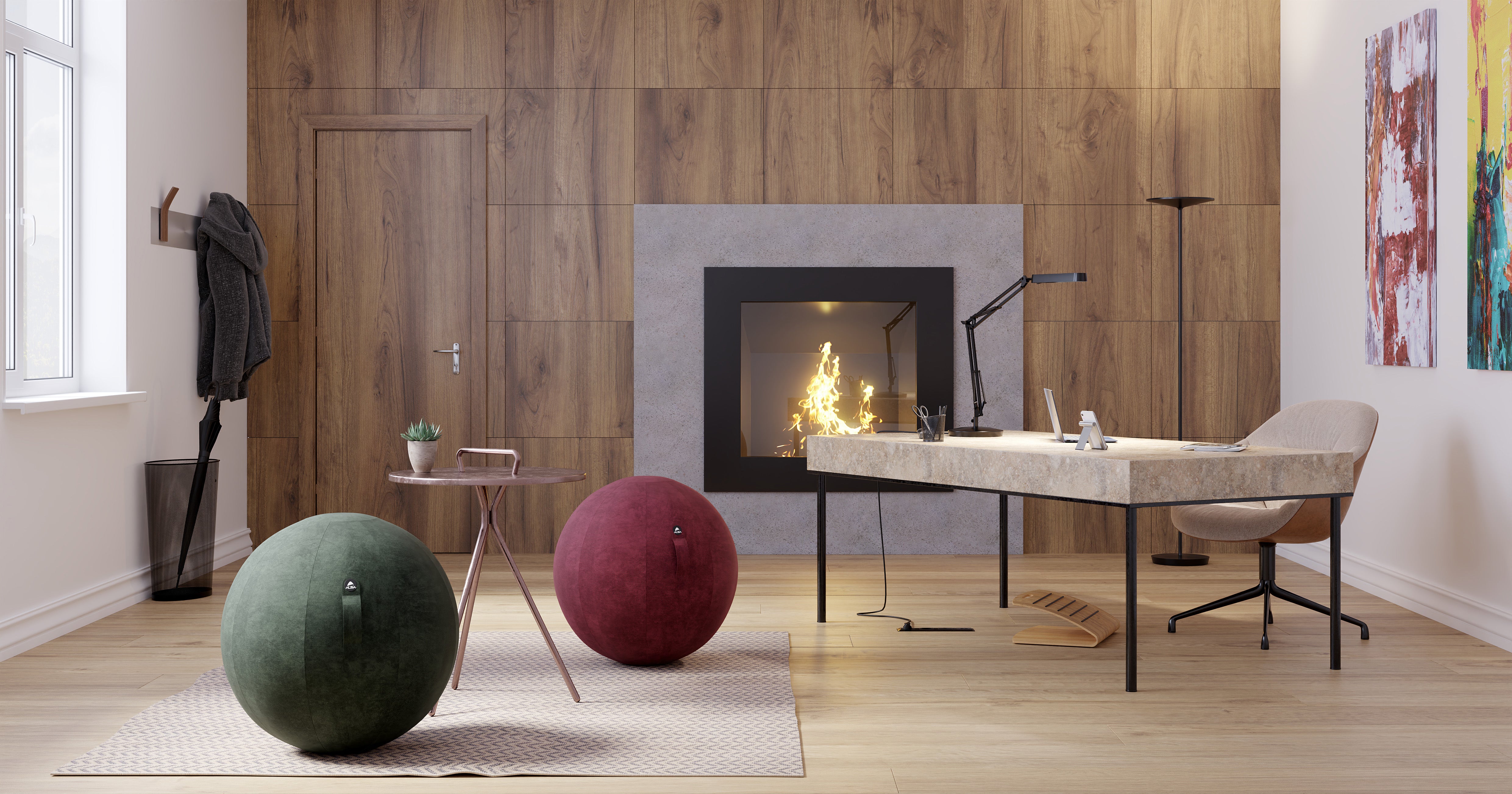 Bureau moderne composé d'un grand bureau, d'une chaise et de deux poufs ronds (vert et rouge) posés sur un tapis devant un mur avec cheminée encastrée. Le lampadaire LEDSLIM d'Attitudes Bureaux apporte une lumière indirecte qui met en valeur le design contemporain.