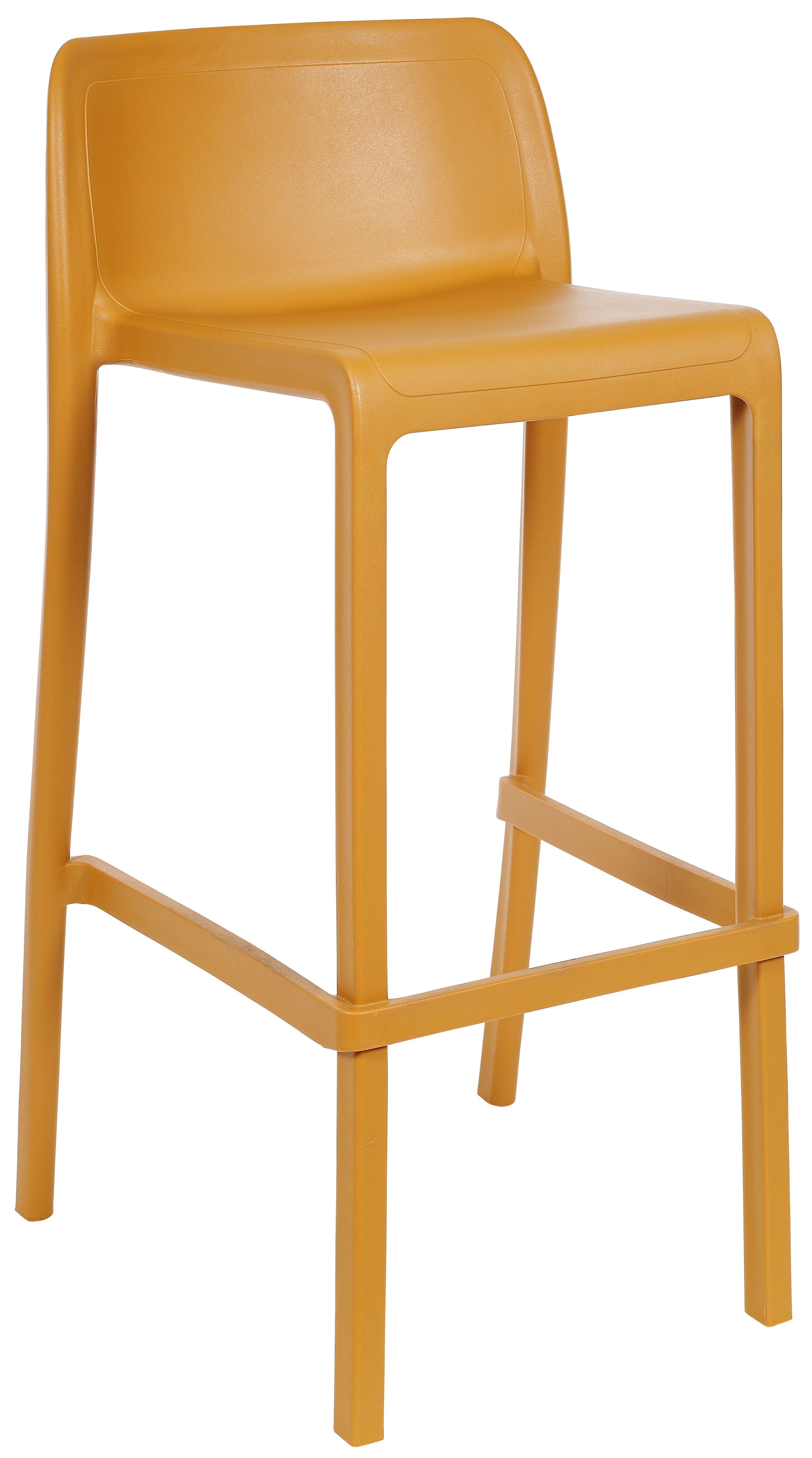 Le Tabourets ATTIC d'Attitudes Bureaux est un tabouret moderne d'intérieur-extérieur de couleur jaune moutarde, avec un dossier légèrement incurvé, une assise plate et quatre pieds droits reliés par une barre de support horizontale inférieure.