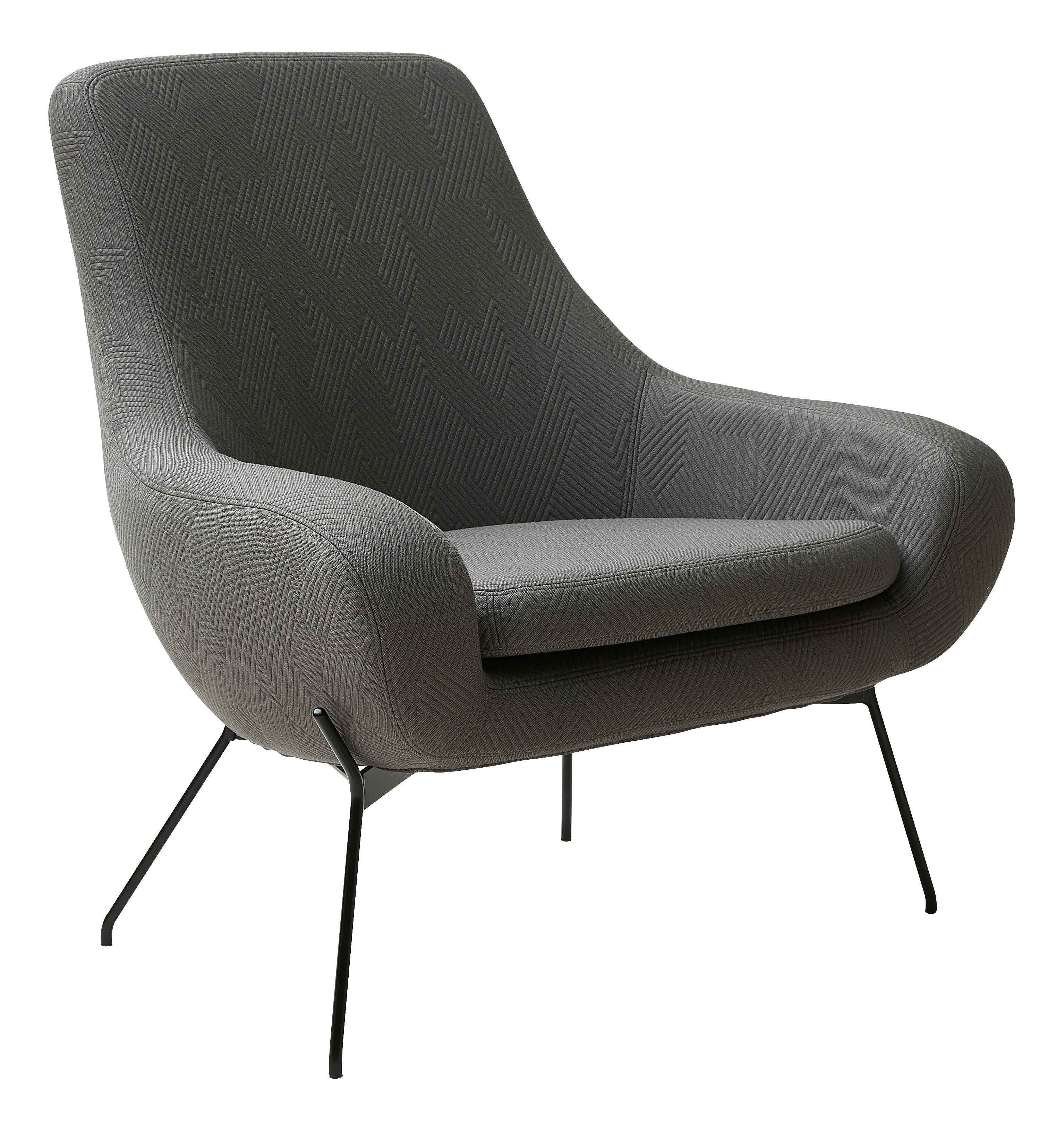 Le Fauteuil NOOMI de Susanne Grønlund présente un design gris moderne avec un dossier incurvé, une large assise et de fins pieds en métal noir. Son revêtement présente un motif géométrique subtil qui rehausse son attrait contemporain et sa base graphique.