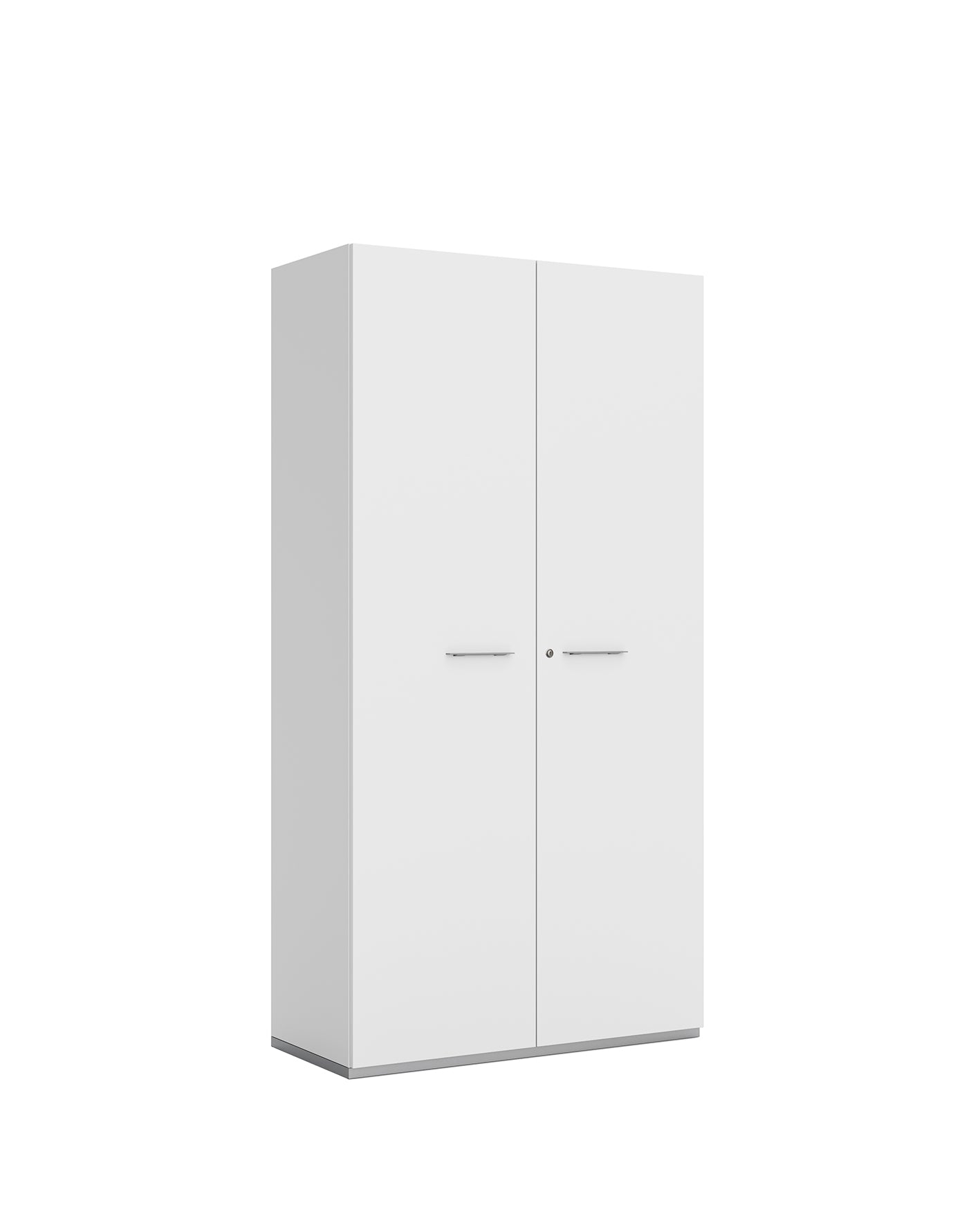 L'Armoire de bureau Passepartout d'Attitudes Bureaux est un grand meuble de rangement blanc avec deux portes fermées et des poignées argentées élégantes, idéal pour une organisation élégante et personnalisée.