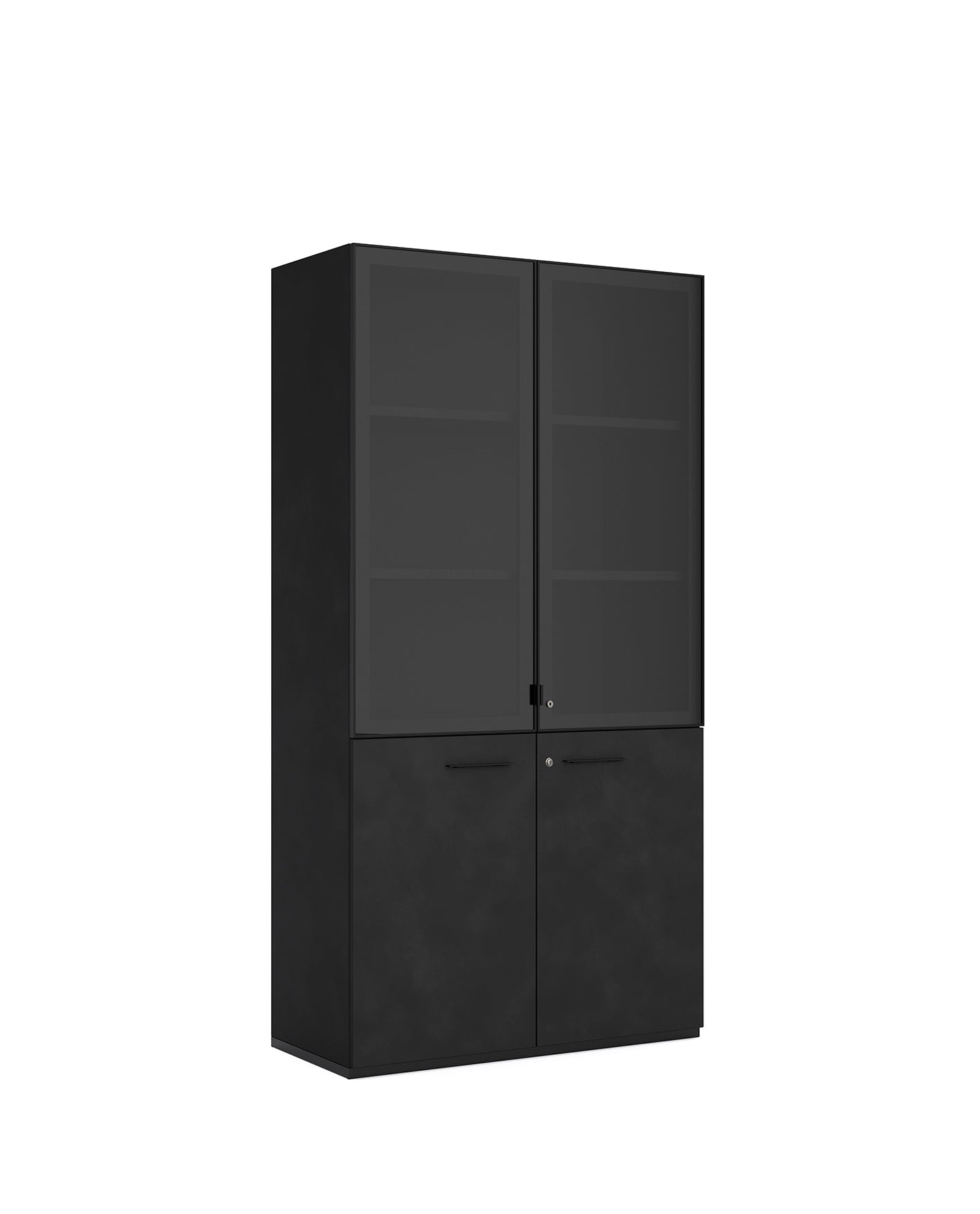 Le meuble Attitudes Bureaux Armoires de bureau Passepartout est un grand meuble noir sur mesure avec deux portes supérieures en verre révélant des étagères et deux portes inférieures pleines, toutes avec des poignées minimalistes, présentées sur un fond blanc.