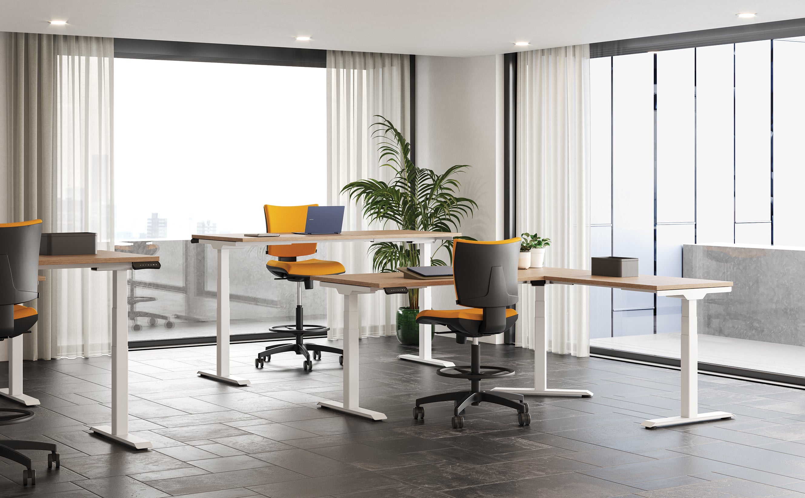 Bureau moderne équipé de Bureaux réglables en hauteur Pop AD d'Attitudes, de chaises jaunes et grises, d'ordinateurs portables et de grandes fenêtres avec des rideaux diaphanes. Une plante en pot placée à côté de la fenêtre permet à l'espace ergonomique de bénéficier de la lumière naturelle.