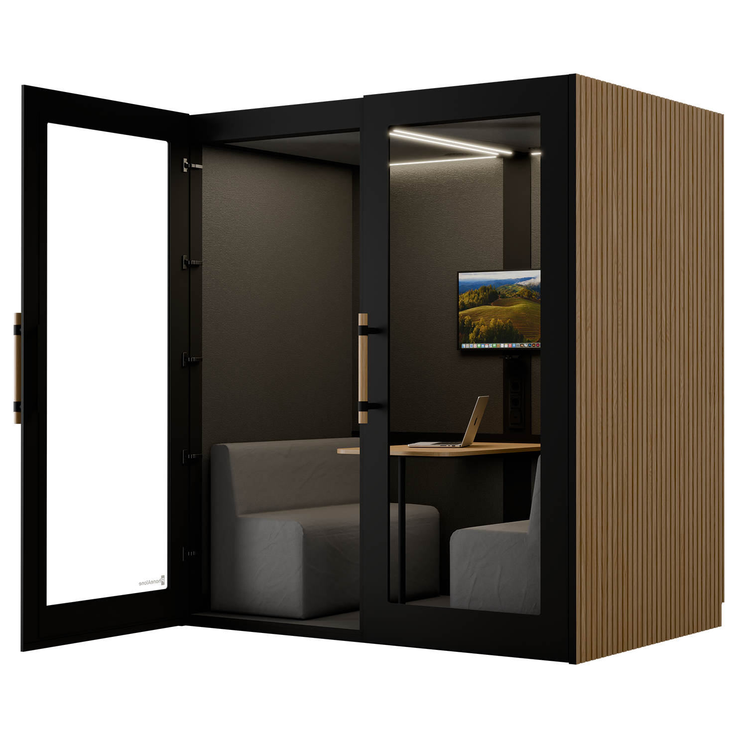La Cabine acoustique double NO SOUND d'Attitudes Bureaux est composée d'un cadre noir, d'une porte vitrée, d'un extérieur en lattes de bois, d'un siège gris, d'un petit bureau et d'un moniteur mural. Elle est idéale pour créer un espace confidentiel dans tout espace de travail ouvert.