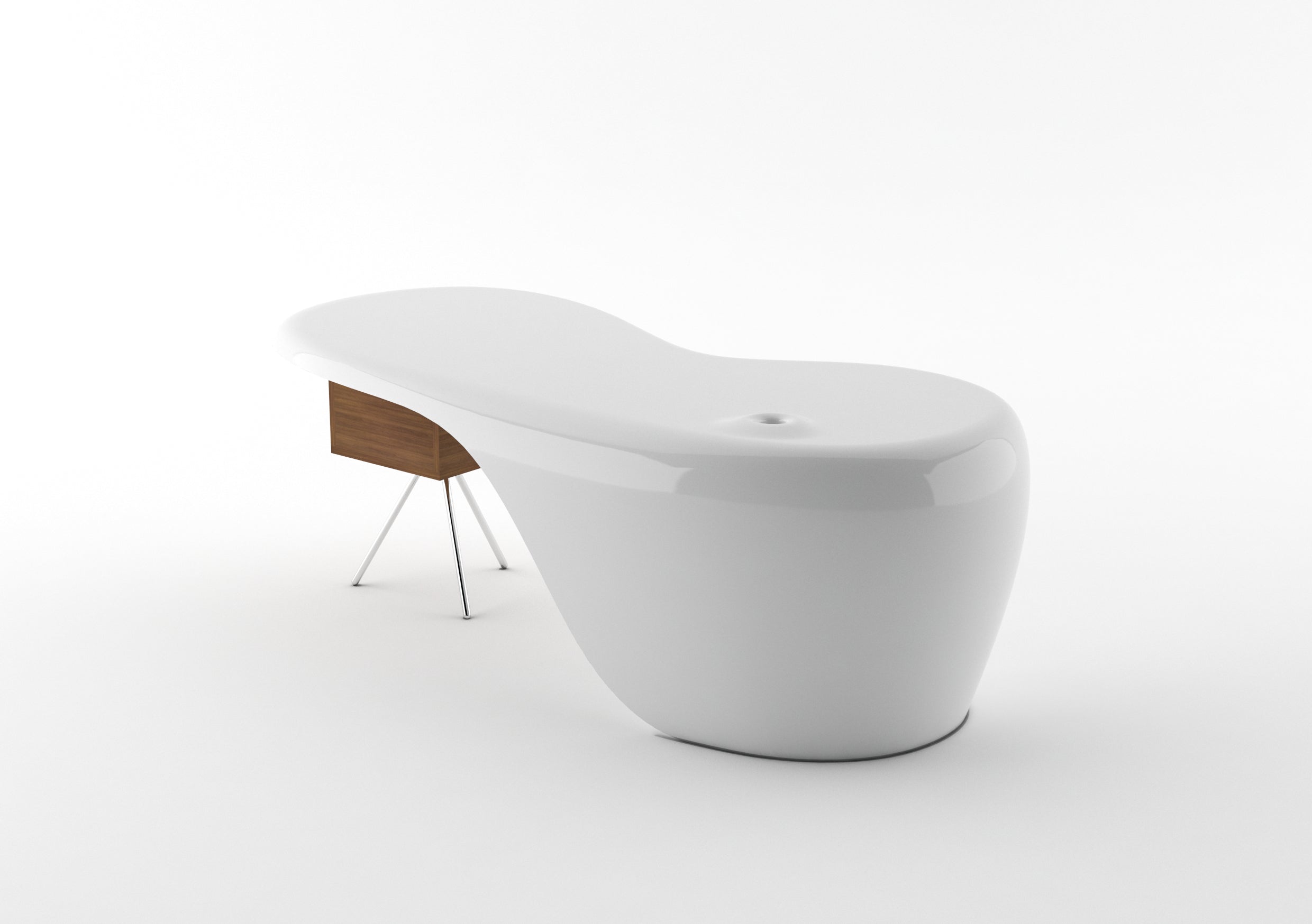 L'UNO de Karim Rashid est un bureau de direction moderne, blanc, en forme de rein, avec une surface brillante, des tiroirs en bois et des pieds métalliques minimalistes - un meuble de bureau qui attire l'attention.