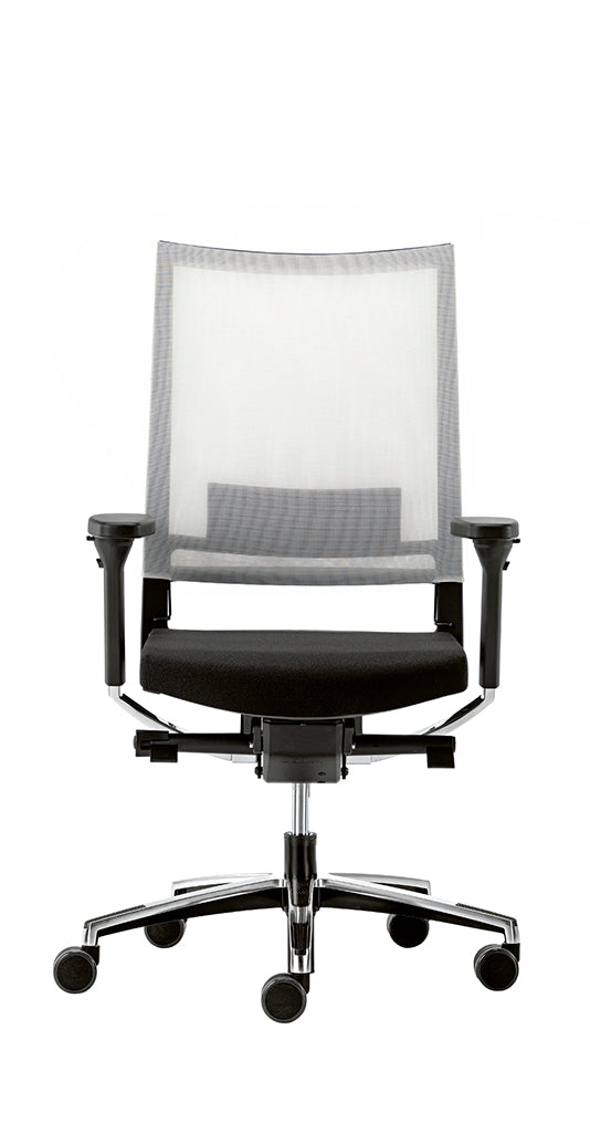 Le Fauteuil ergonomique Graphic de Baldanzi & Novelli Design est doté d'un support lombaire réglable, d'un dossier en maille, d'accoudoirs réglables, d'une assise coussinée noire et d'une base chromée à cinq roulettes, sur fond blanc.