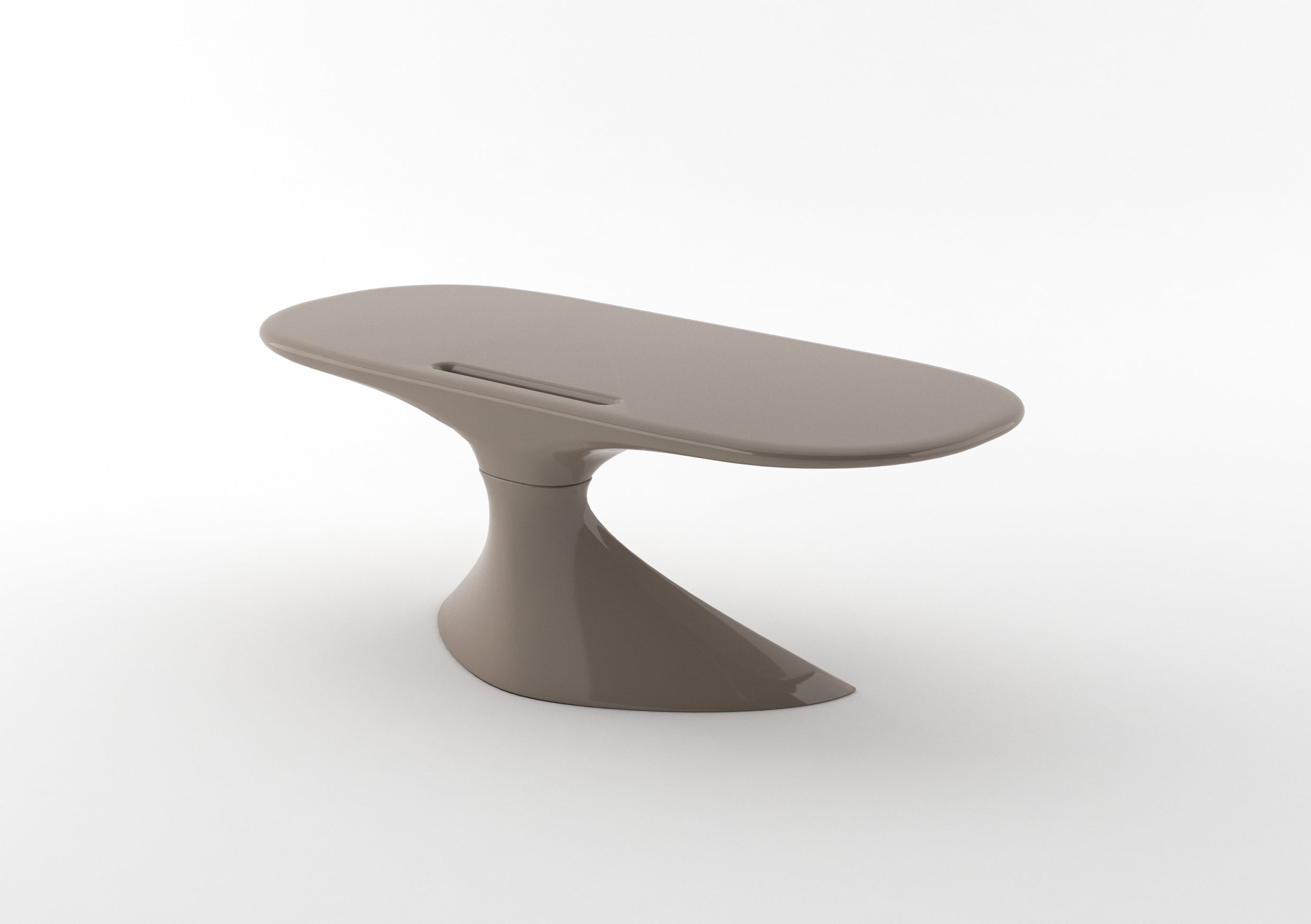 La table ZERO de Karim Rashid présente un design sculptural avec une surface lisse et brillante de couleur taupe et une base asymétrique, présentée sur un fond blanc uni.