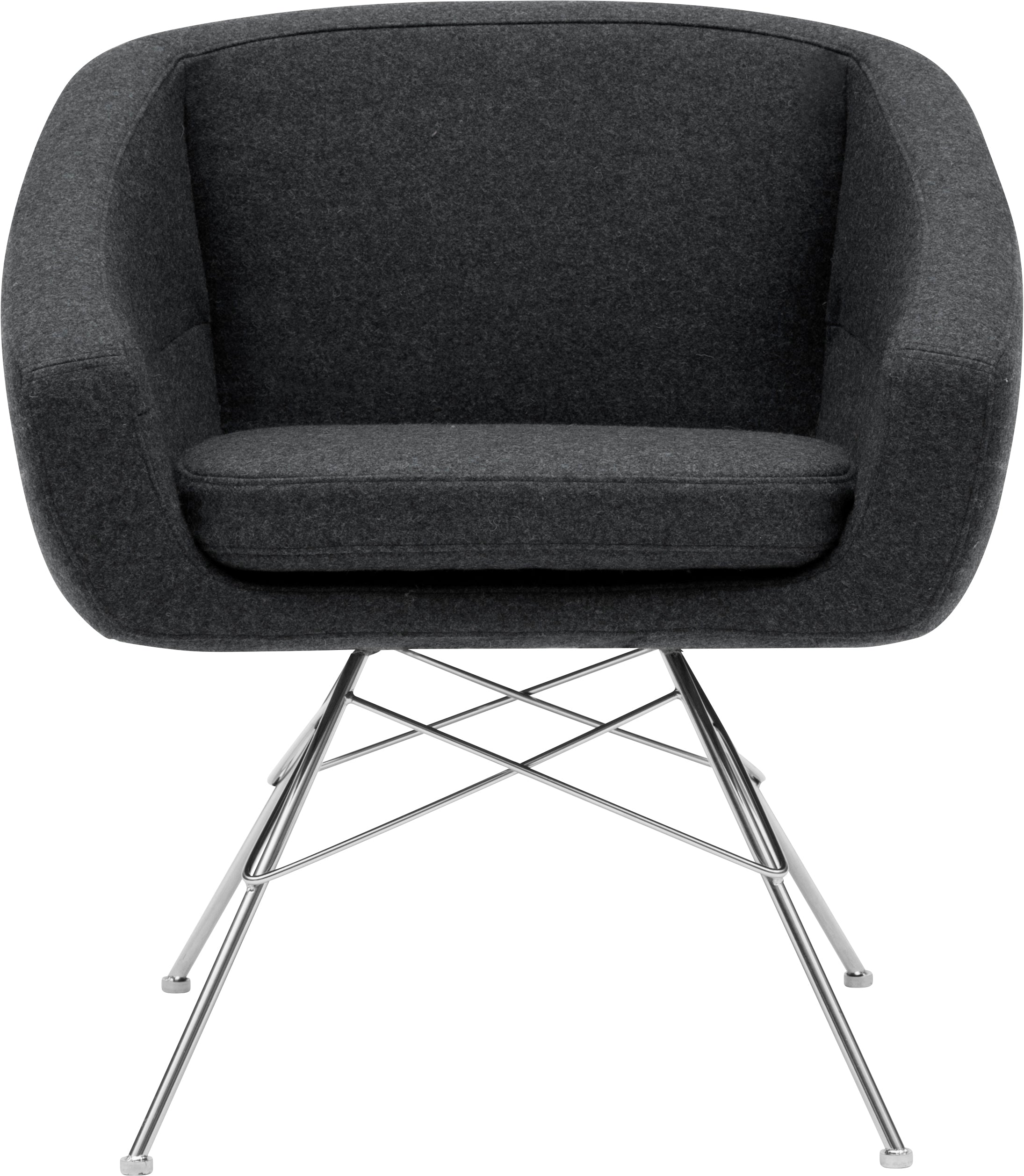 Le Fauteuil AIKO de Susanne Grønlund est un fauteuil moderne rembourré gris foncé, doté d'une assise coussinée, d'un dossier arrondi et de pieds métalliques élancés avec supports croisés - un ajout élégant à tout espace.