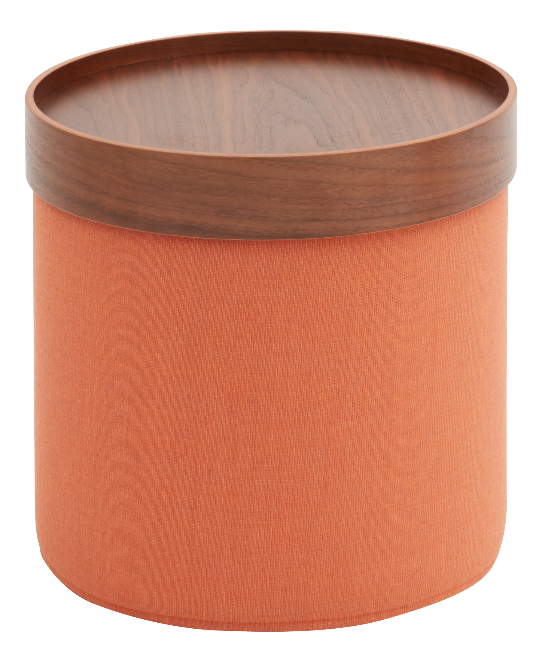 Le pouf DRUM multifonction d'Attitudes Bureaux est un siège rond orange avec une base cylindrique et un plateau plat en bois foncé, idéal comme base de table ou comme solution de rangement élégante.