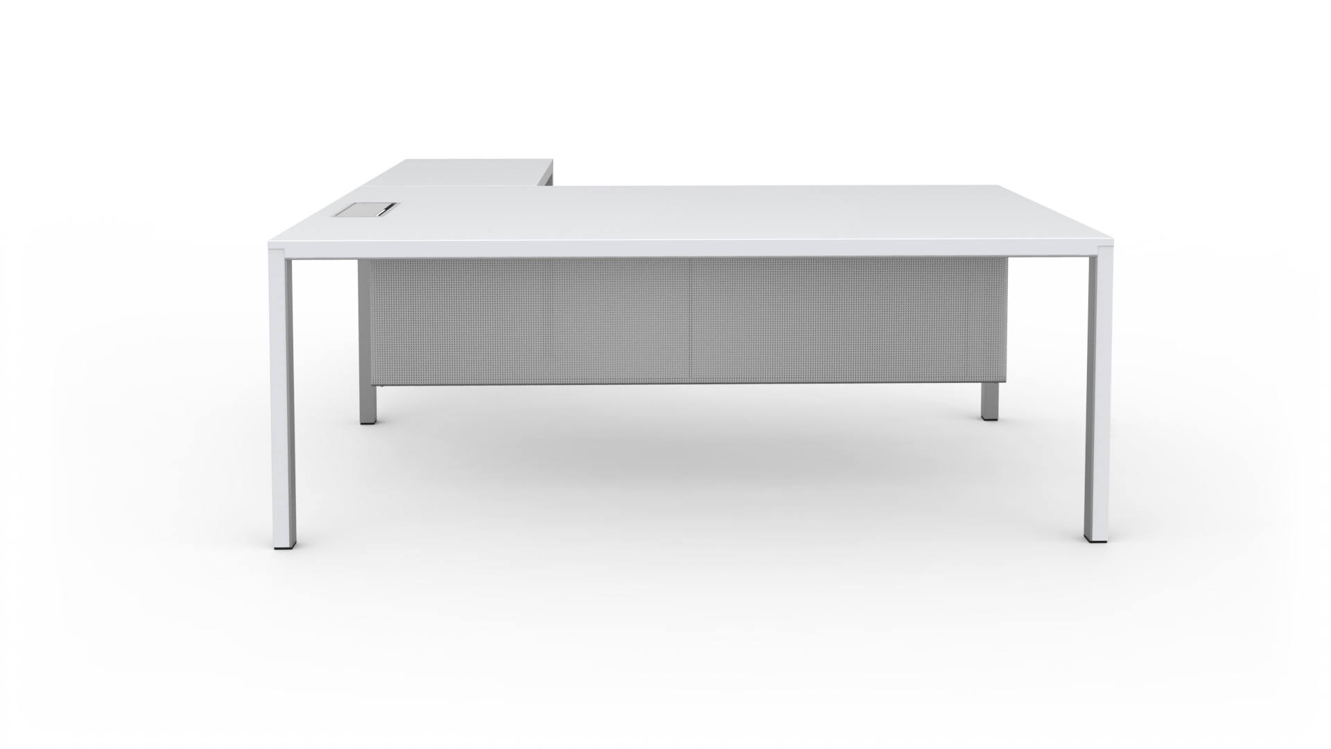 Le bureau Neta Executive d'Attitudes Bureaux est un bureau moderne blanc en forme de L avec un design minimaliste, des pieds en métal et une fente de gestion des câbles - idéal pour les espaces de travail contemporains - photographié sur un fond blanc uni.