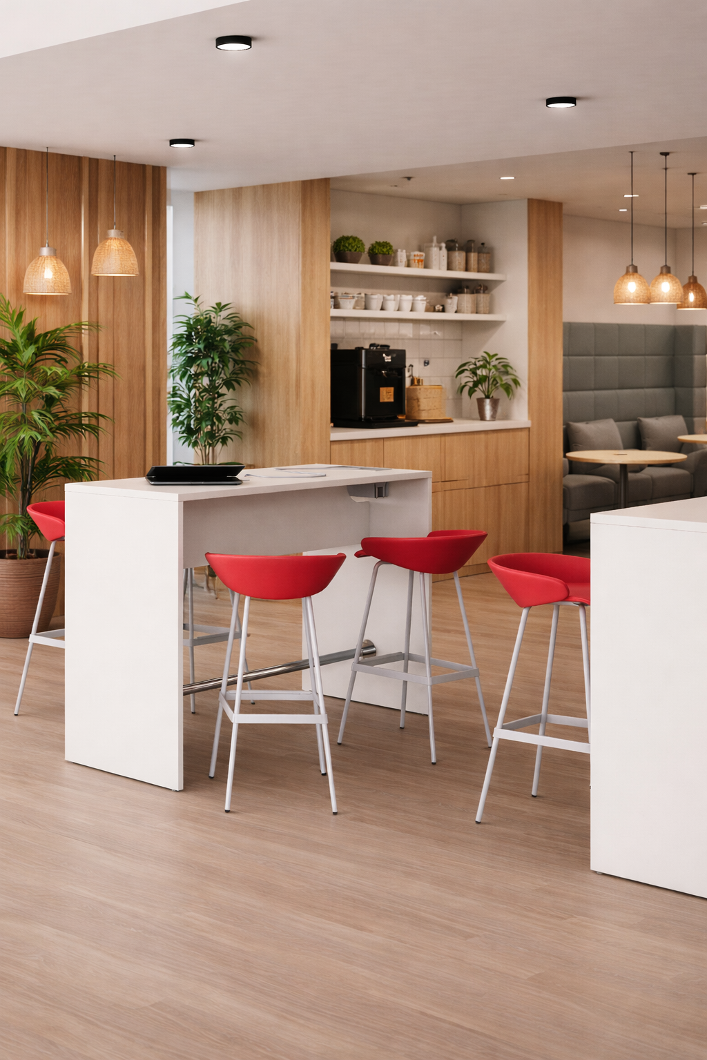 Une salle de pause moderne comprend la Table haute Pop Panel d'Attitudes Bureaux, des tabourets de bar rouges, des plantes en pot, des accents en bois, des lampes suspendues et une station de café - idéale pour des réunions rapides ou pour se détendre dans les espaces de coworking. Une cabine grise est partiellement visible sur la droite.