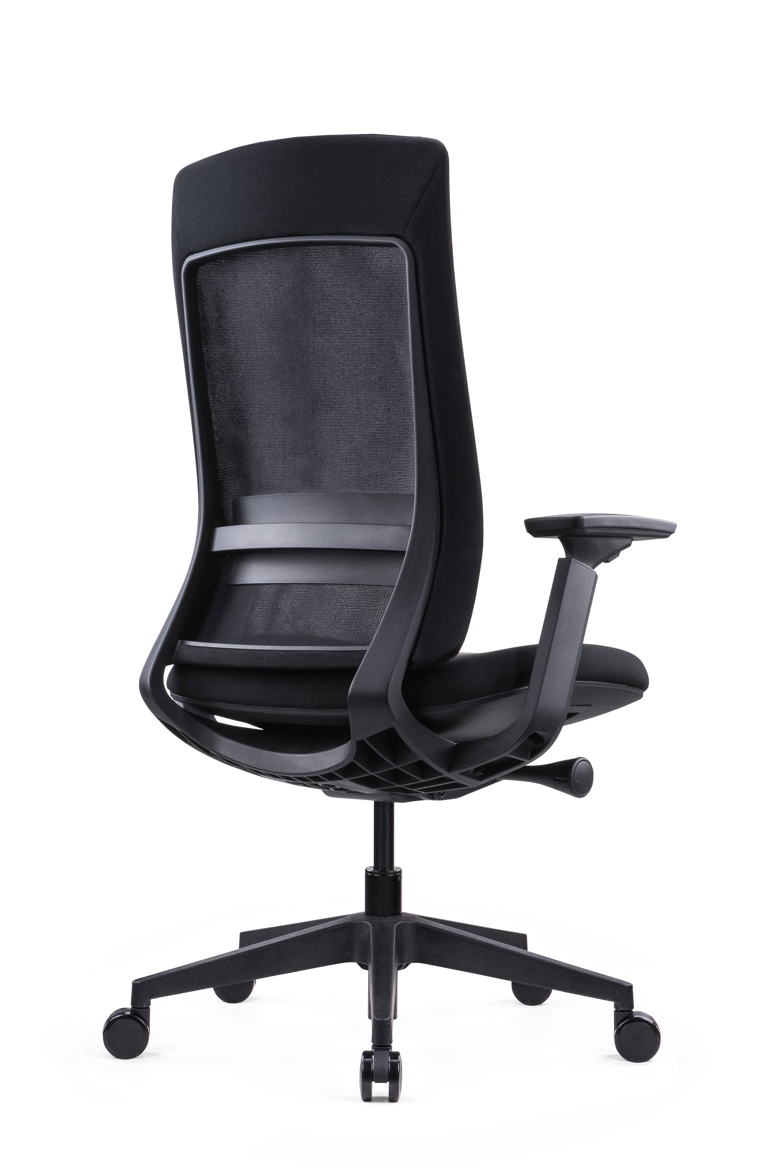 Le Fauteuil Céphée d'Attitudes Bureaux est un siège de bureau moderne de couleur noire avec un dossier en maille, un support lombaire et des accoudoirs réglables, et un piétement à cinq roues, présenté de dos sur fond blanc.