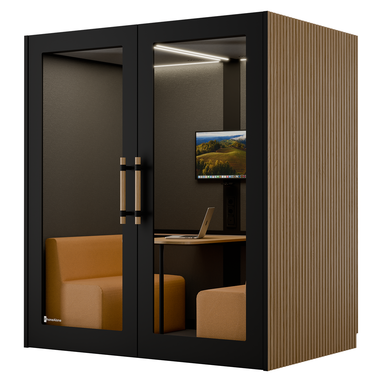 La Cabine acoustique double NO SOUND d'Attitudes Bureaux est idéale pour les espaces ouverts, avec des portes en verre, des panneaux latéraux en bois, des sièges en cuir, un bureau et un écran mural montrant une vue panoramique.