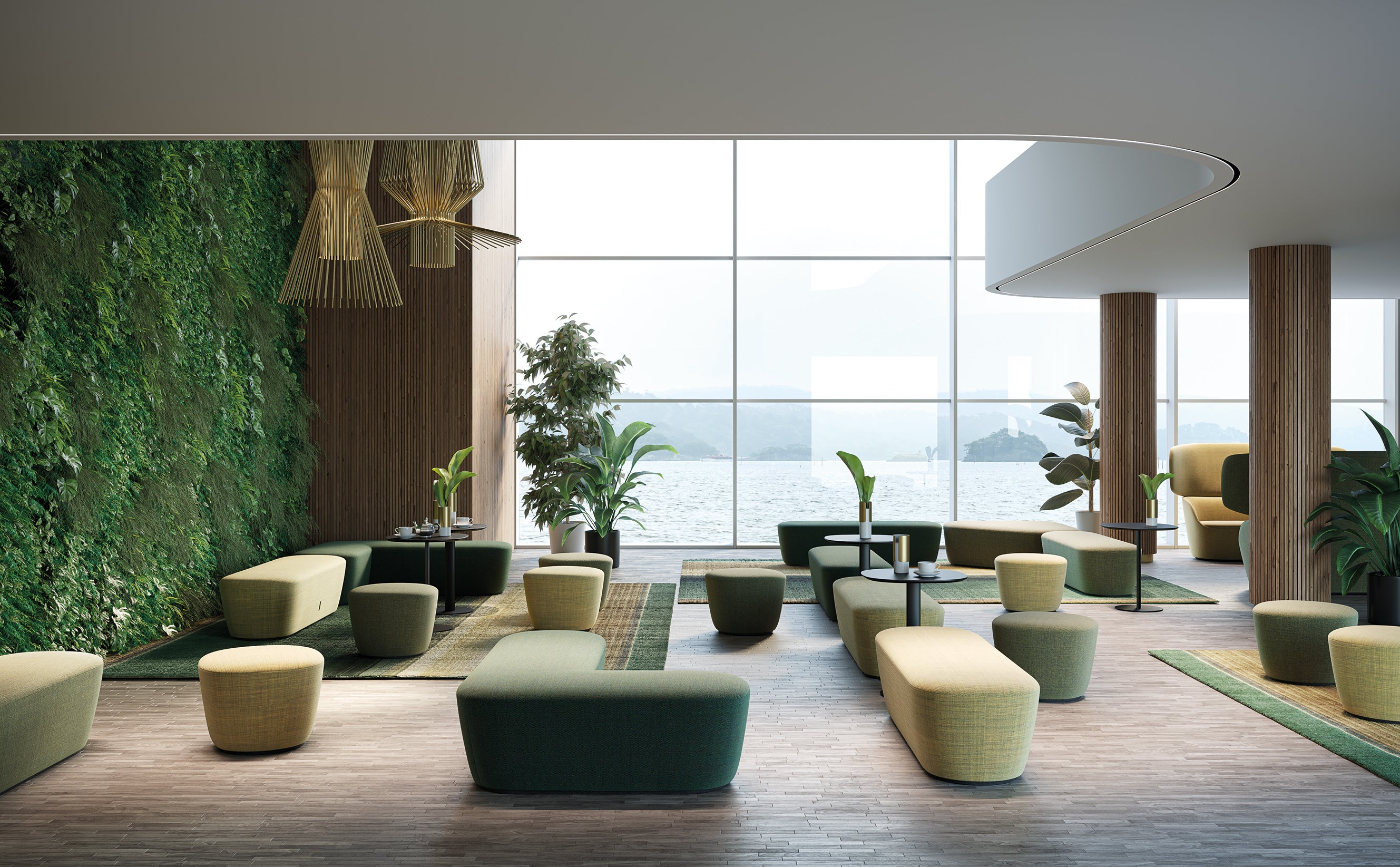 Un salon moderne présente les poufs RADAR de Claesson Koivisto Rune CKR en vert et jaune, des plantes en pot, un mur de jardin vertical, des fenêtres allant du sol au plafond, des planchers en bois et des vues sur l'eau et les collines lointaines.