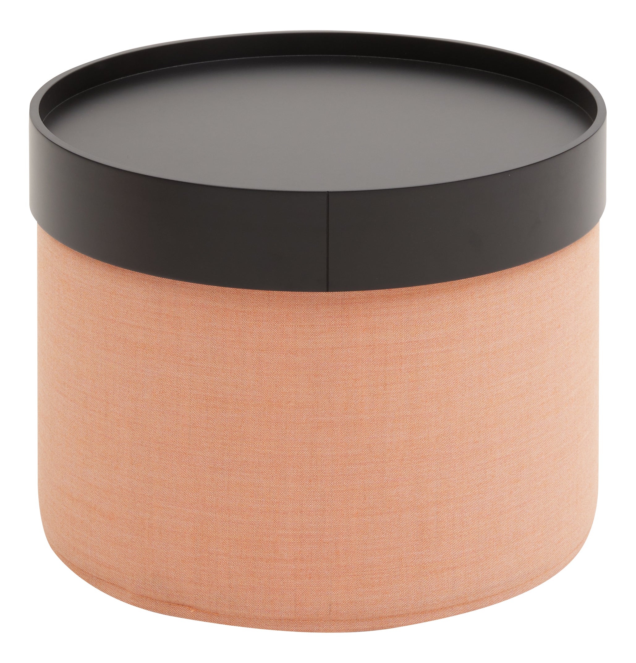Le pouf multifonction DRUM d'Attitudes Bureaux se compose d'une base en tissu pêche et d'un plateau noir plat. Idéal comme ottoman de rangement ou table basse, il apporte un style polyvalent et modulaire à tout espace de vie.