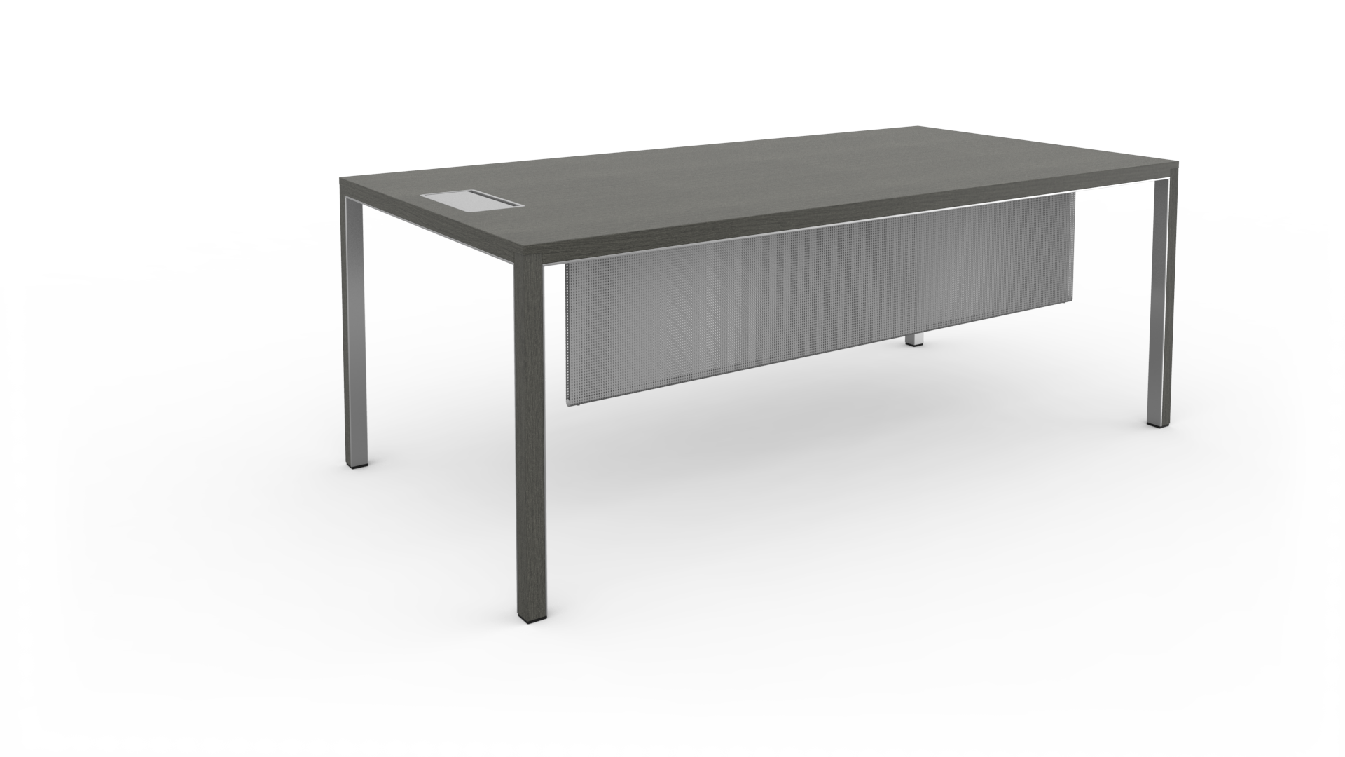 Le bureau Attitudes Bureaux Neta Executive est un bureau rectangulaire moderne avec un plateau gris foncé, quatre pieds en métal, un port de gestion des câbles dans le coin gauche et un voile de fond en métal perforé, idéal pour les espaces de travail modernes. Fond blanc uni.