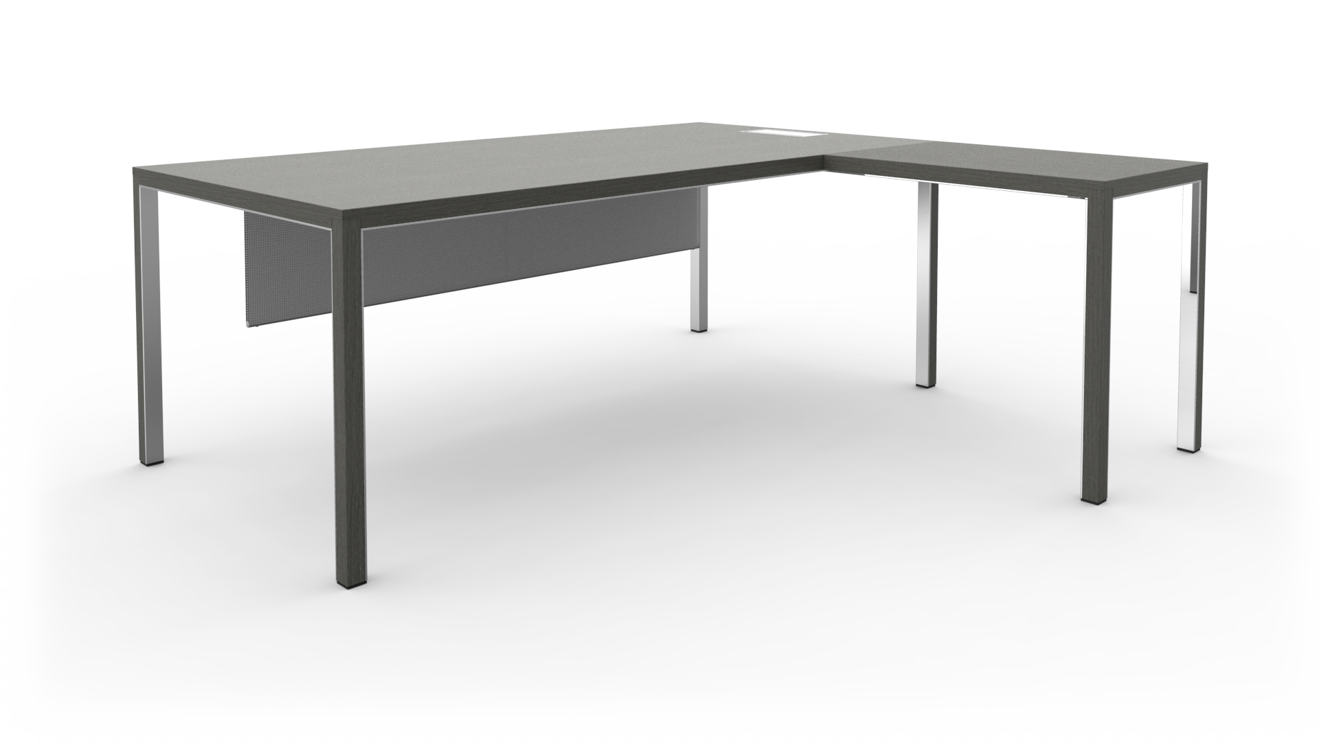 Le bureau Neta Executive d'Attitudes Bureaux est un bureau moderne en forme de L avec un plateau foncé, des pieds en métal argenté, un panneau de courtoisie et une découpe pour les câbles. Il est idéal pour les espaces de travail contemporains.