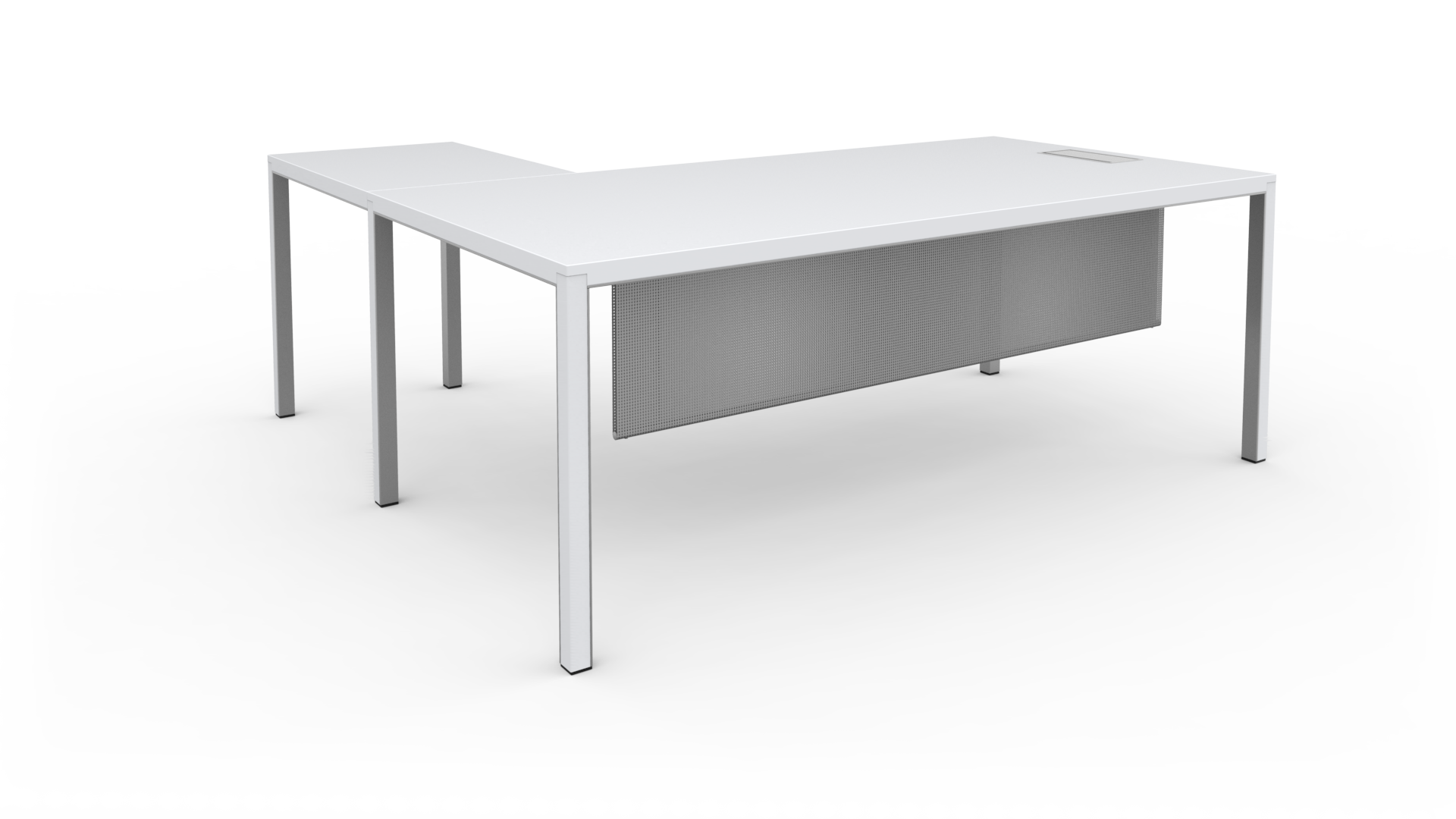 Le bureau Neta Executive d'Attitudes Bureaux est un bureau blanc moderne avec des pieds en métal, un panneau d'intimité épuré et une extension latérale gauche, avec des nobles finitions pour des espaces de travail contemporains sur un fond blanc uni.